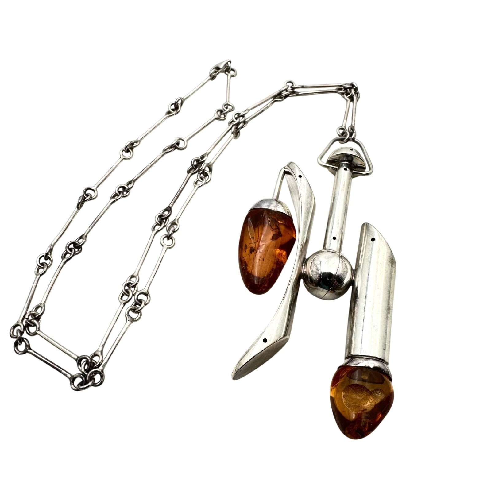 Unusual Rare Vintage Modernist Sterling Silver Amber Necklace 2 Bugs In Amber