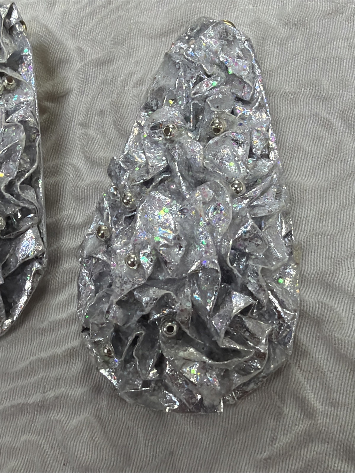 Vintage Artisan Crinkled Metallic Surface Elongated Teardrop Clip on 2”Earrings