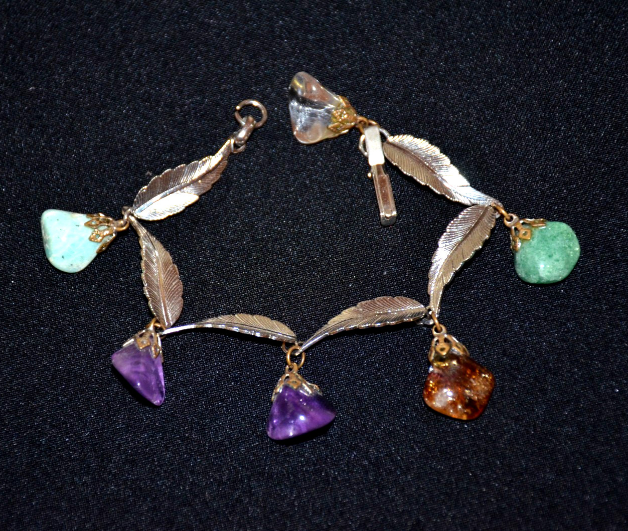 Vintage Silver Tone Feather Leaf and Assorted Gemstones Stone Bracelet 8”