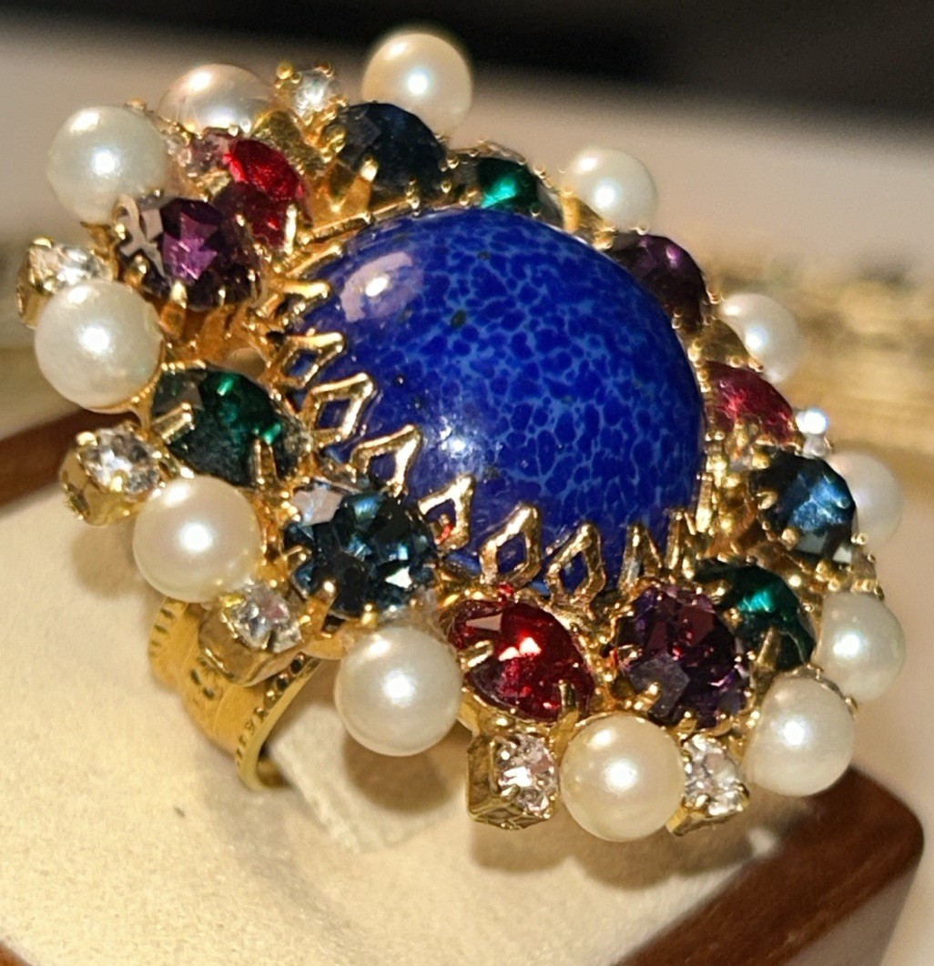Rare Moans Couture Runway Ring Blue Art Glass Rhinestone Faux Pearl Size 5-6 80s
