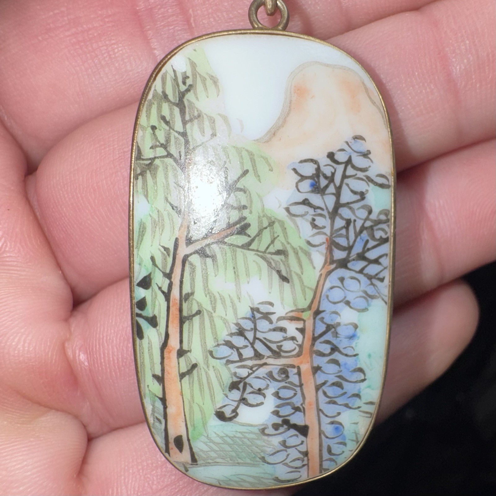 Vintage 925 Sterling Silver Asian Porcelain Pendant Hand‑Painted Far East Scene