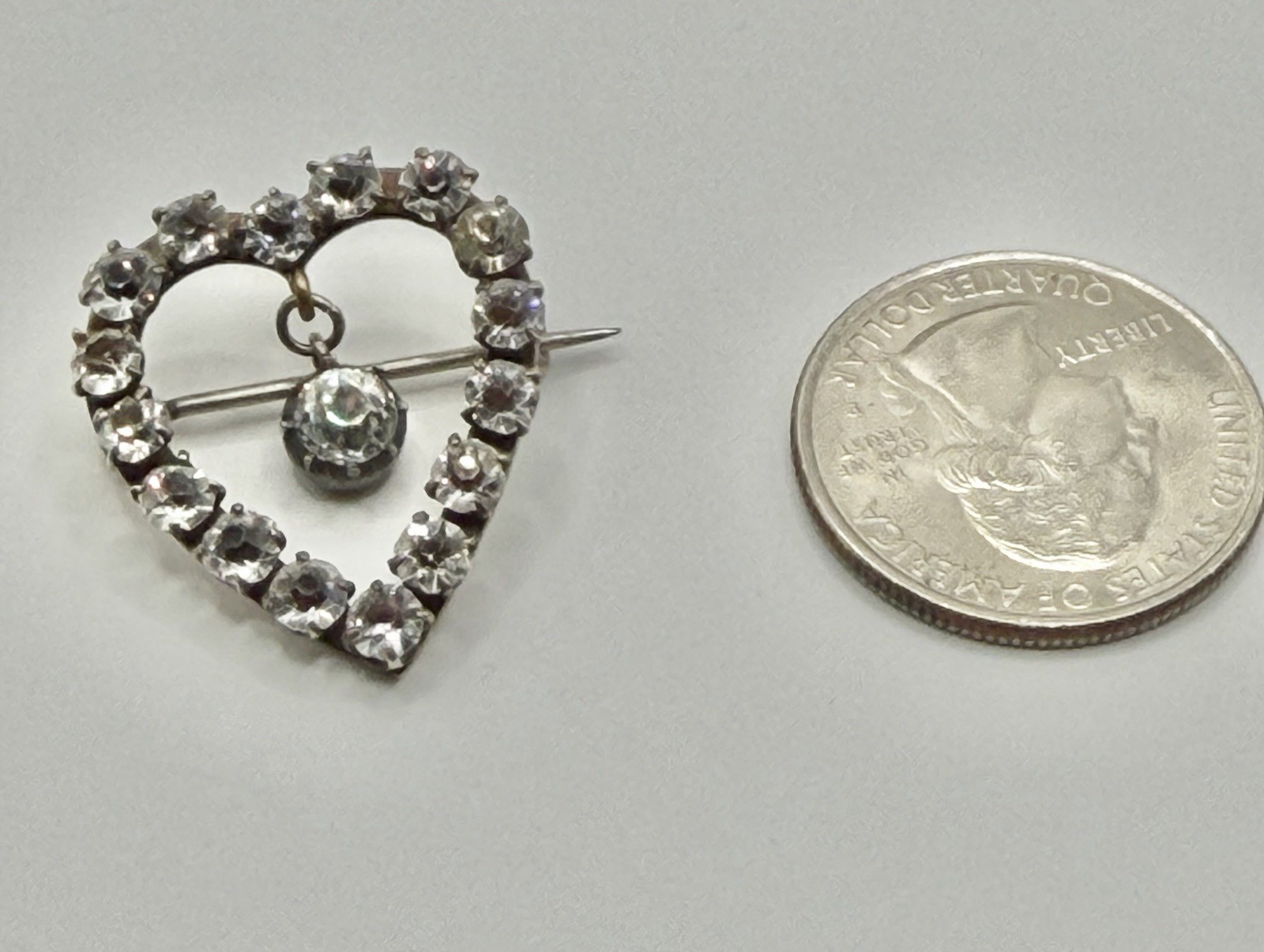 Antique Victorian Clear Paste Stones Heart Silver Brooch & Paste Dangle Center