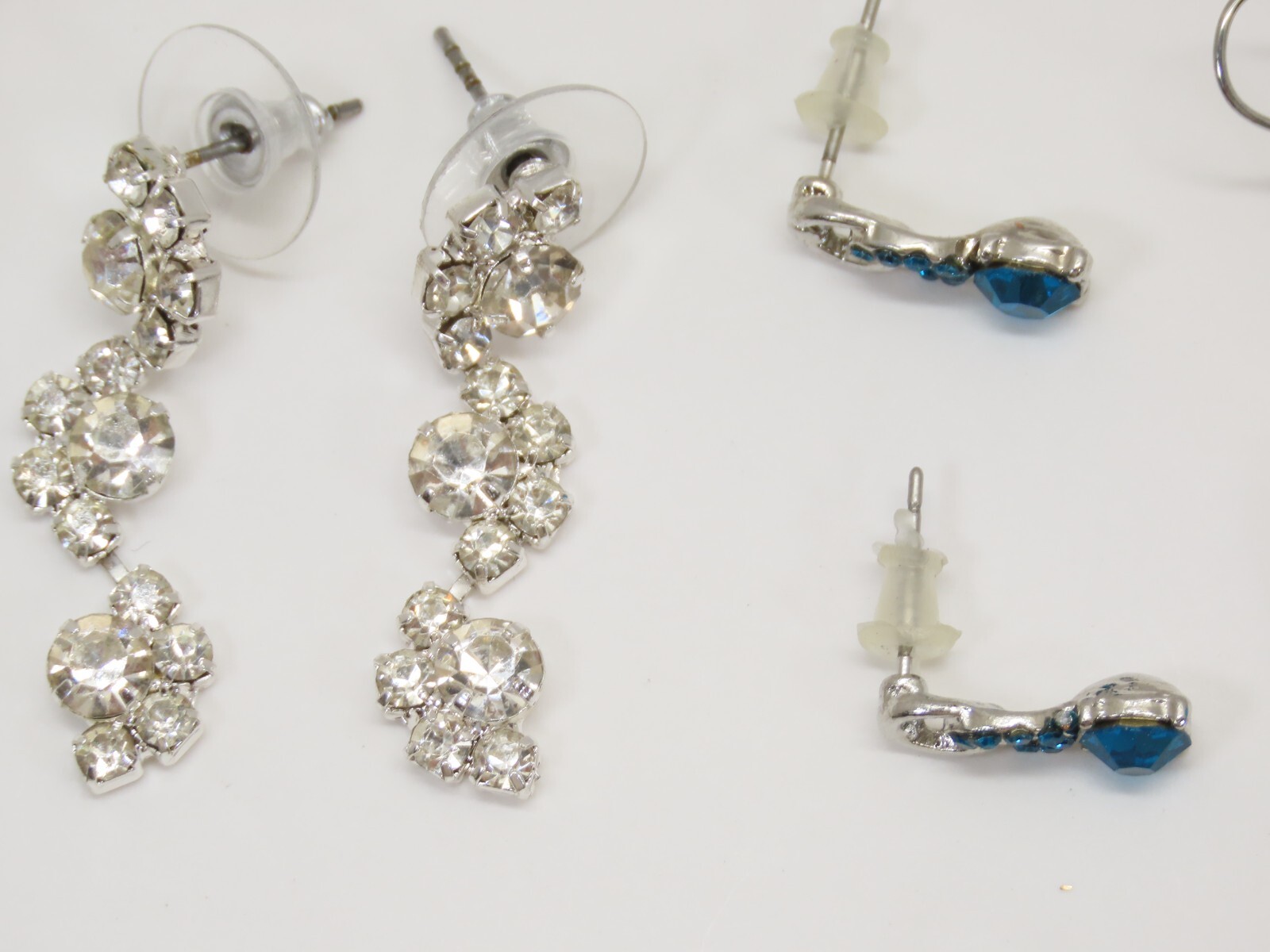 VTG Dangle Earrings Lot Pierced 1 Clip Silver Tone Blue Clear Rhinestones D2115