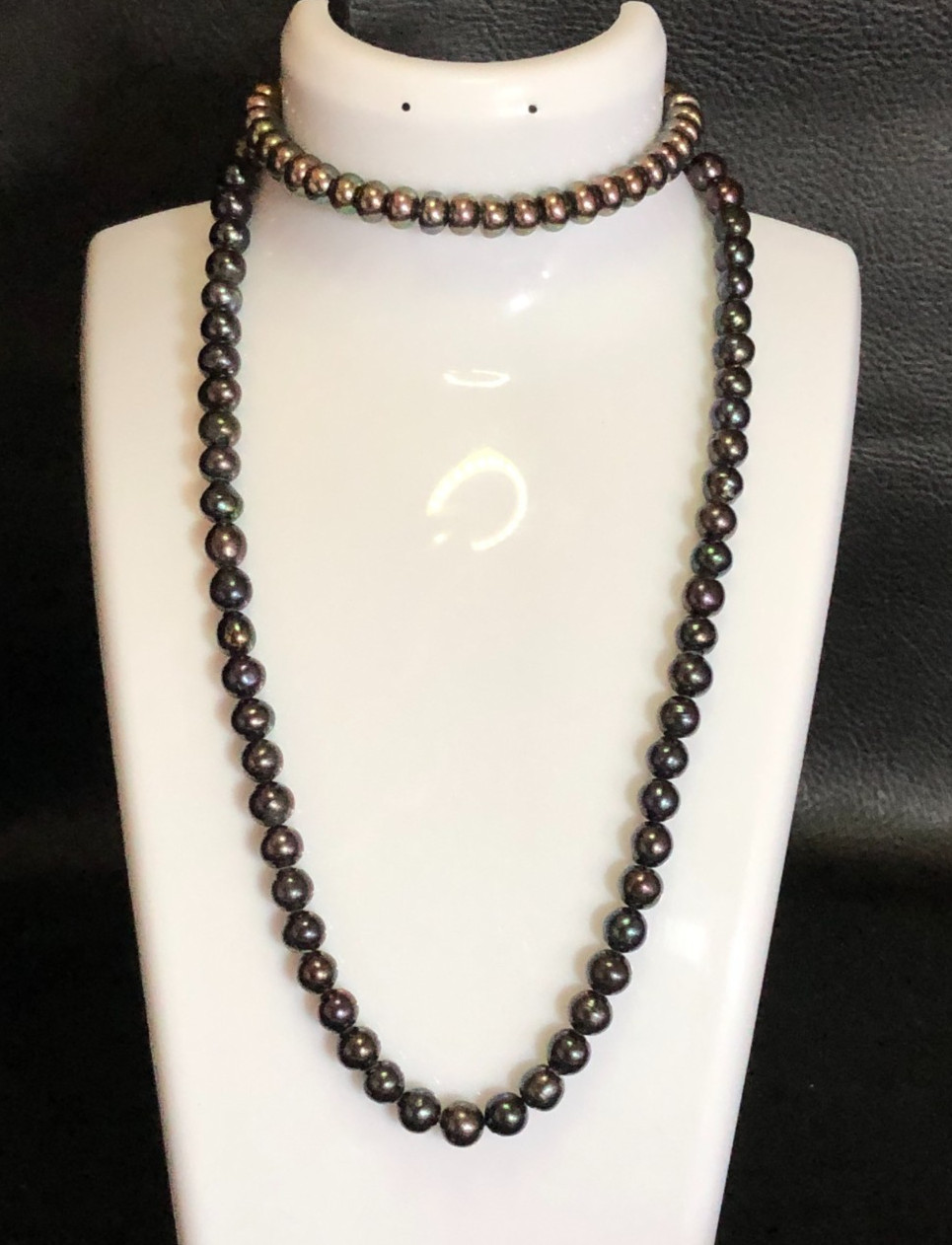 Vintage BLACK Genuine Cultured Pearl Strand Necklace 16″ +Peacock Bracelet P22
