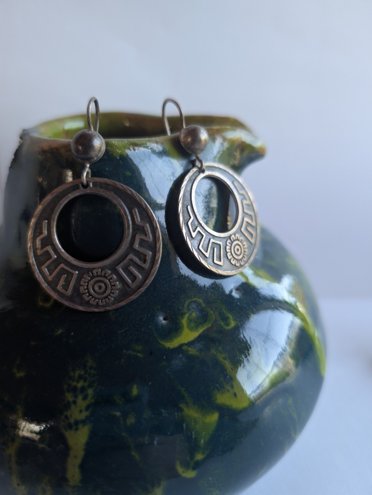 Vintage Taxco Mexico Sterling Silver 925 Geometric Flower Inset Drop Earrings