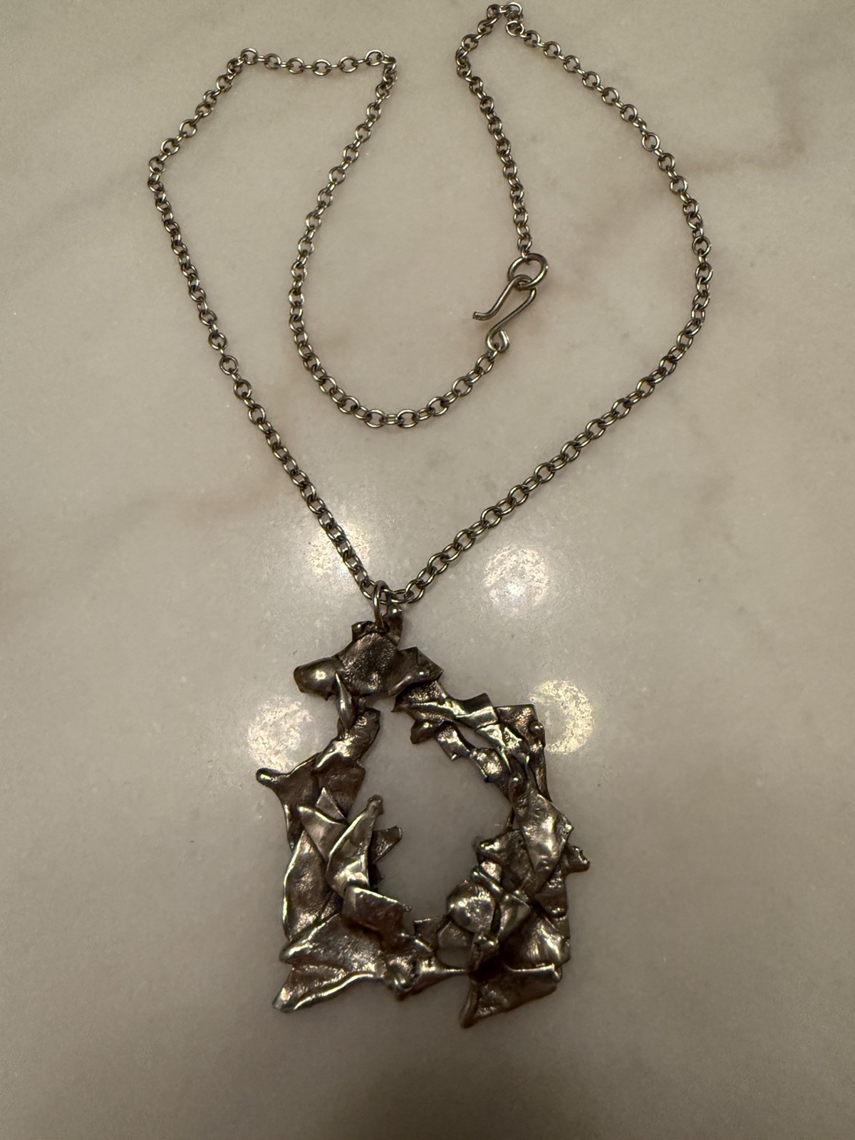 Mid Century Abstract Brutalist Sterling Silver pendant w Round link chain 42g