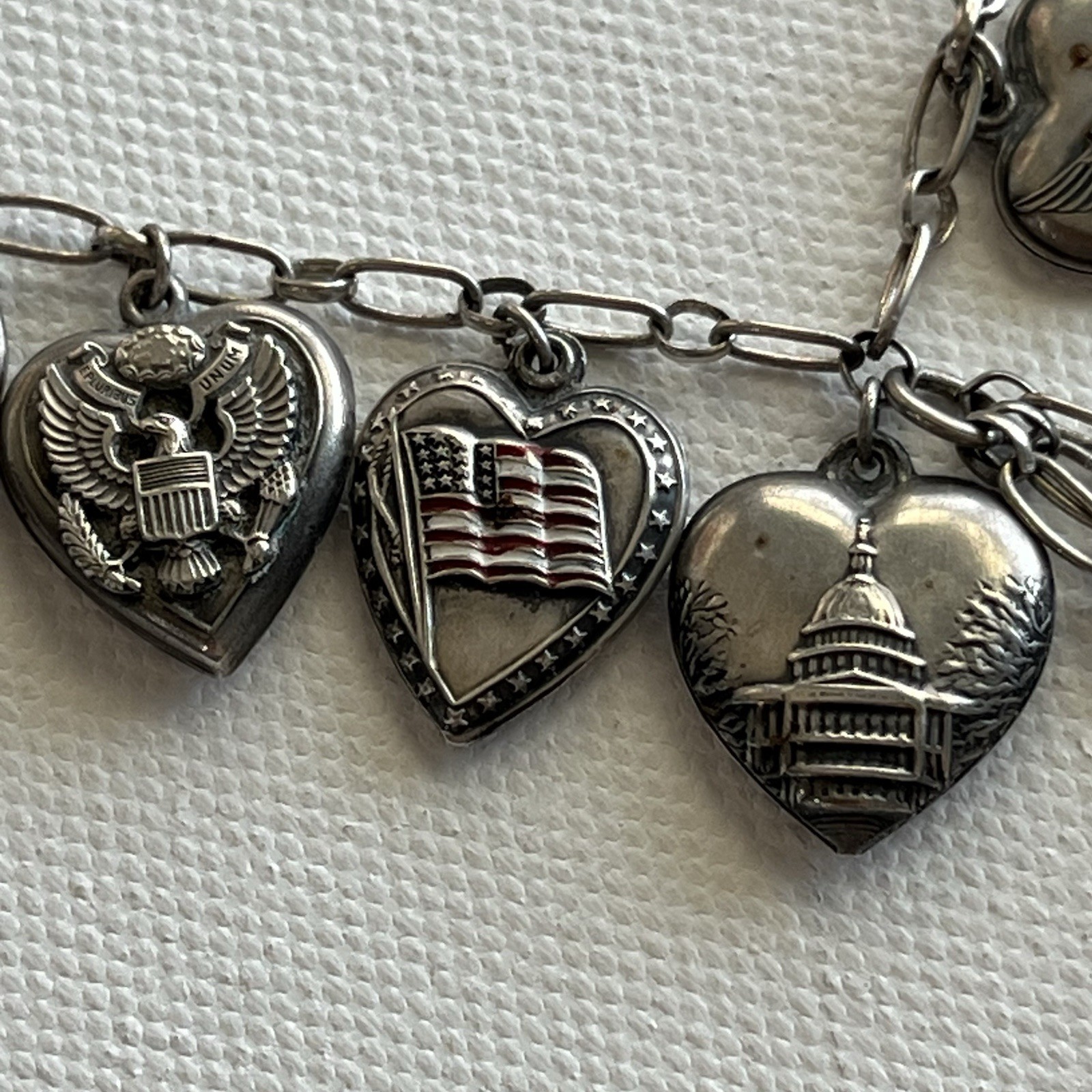 Vintage WW2 Puffy Hearts Necklace Forget Me Not GREAT SEAL Patriotic Military
