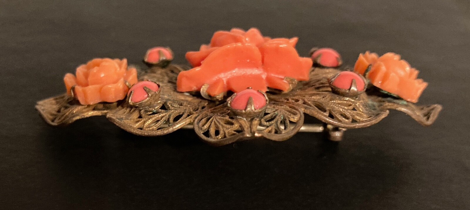Vintage Rose Brooch Filigree Flower Floral Cut Out Prongs Leaf Peach Coral Pin