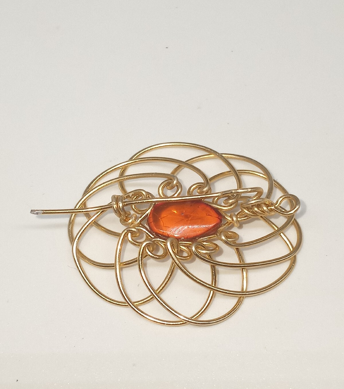 Vintage Wire Wrap Gold Tone Brooch Floral Theme Dark Orange Cabochon