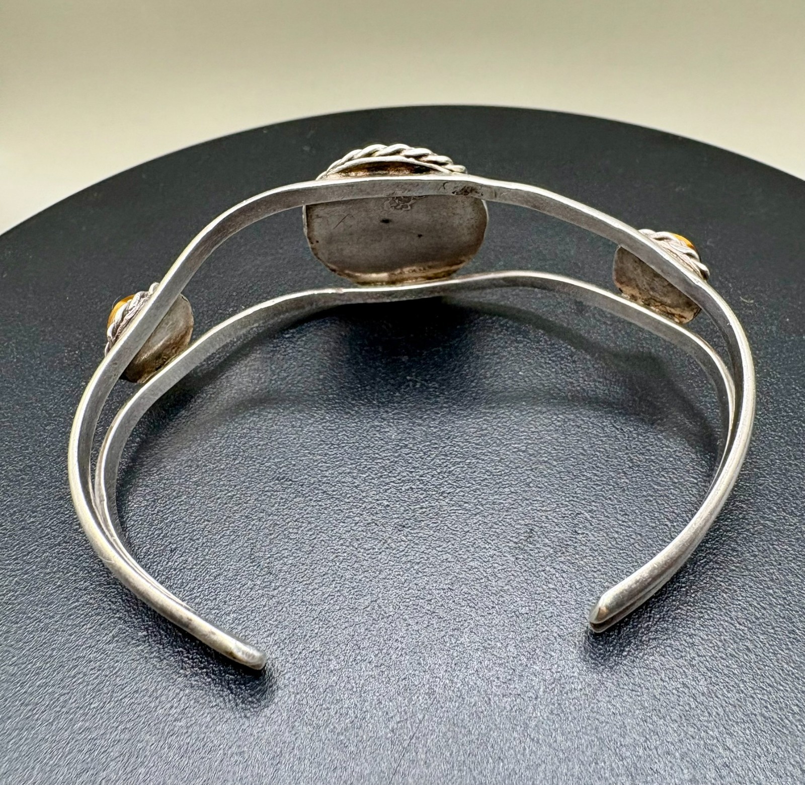 Vintage Sterling Silver Malachite Tiger Eye Open Cuff Bracelet Southwest 24.7g