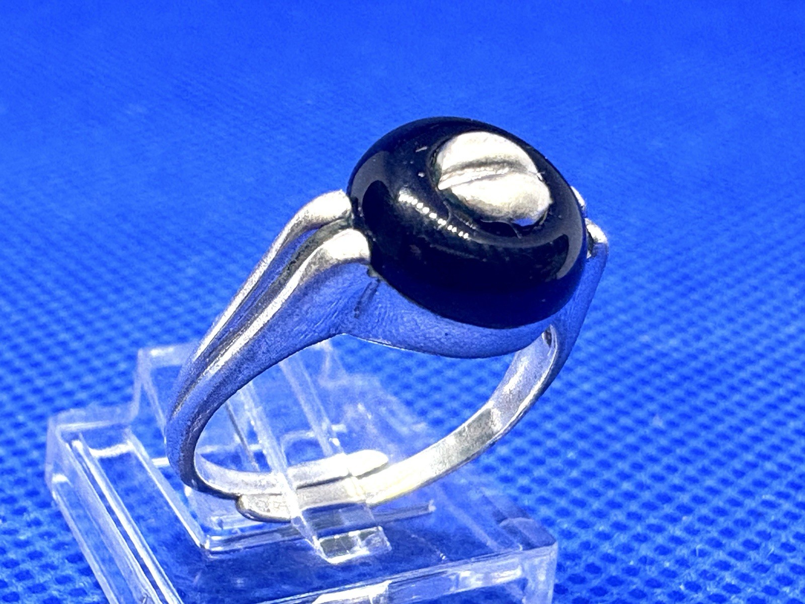 A18 Unique Adjustable 835 Silver Ring Size 7 est 1950s Black Onyx (925) Germany