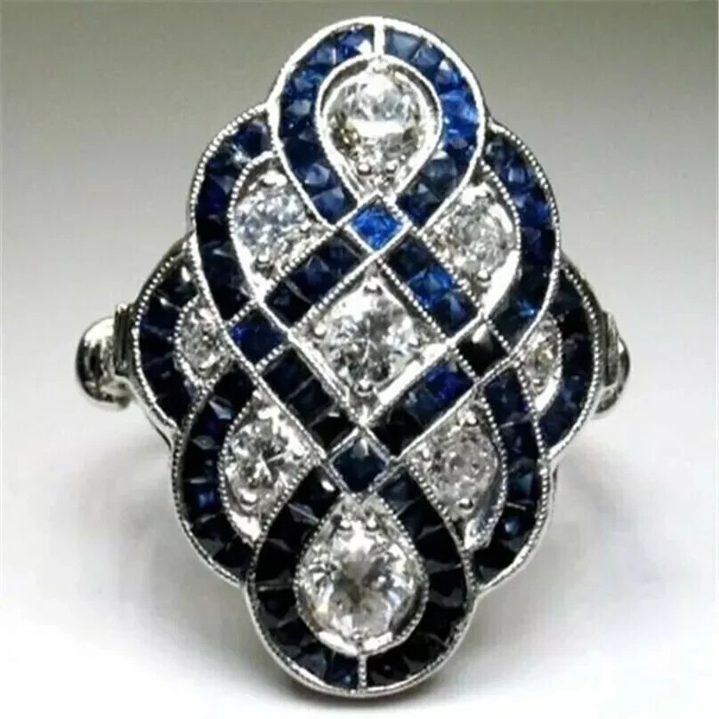Vintage Style Lab-Created Sapphire Diamond Wedding Ring 14k White Gold Finish