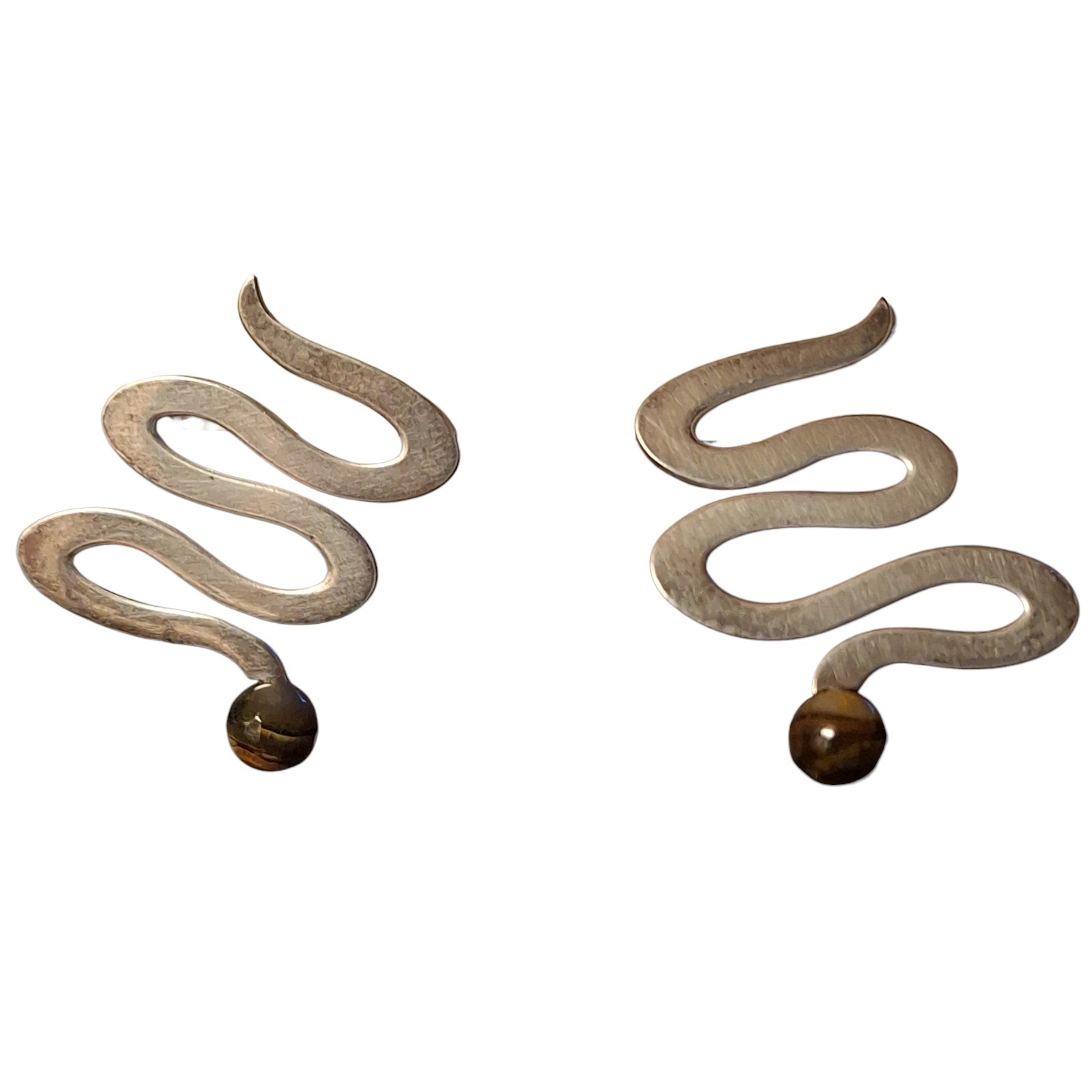 Norwegian Modernist Silver Wavy Dangle Earings Banded Quartz Tiger Iron Agate