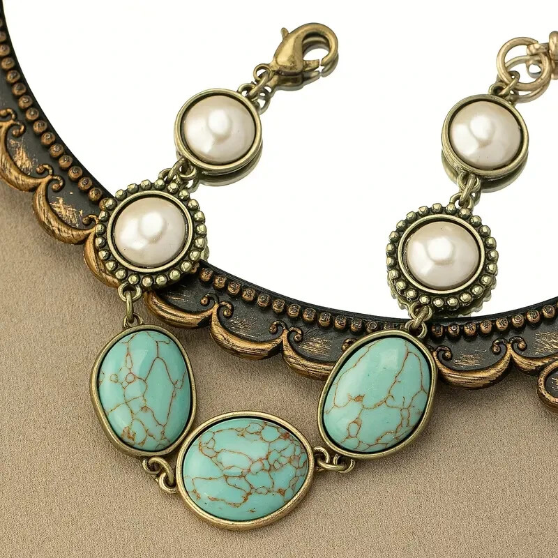 Vibrant Turquoise & Faux Pearl Bohemian Style Zinc Alloy Statement Bracelet Faux