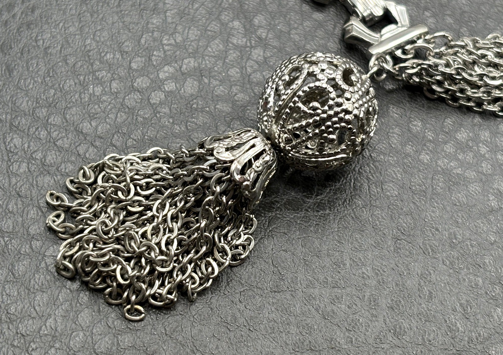 Vintage Silver Tone Multi-Strand Chain Bracelet Ornate Filigree Tassel Charm