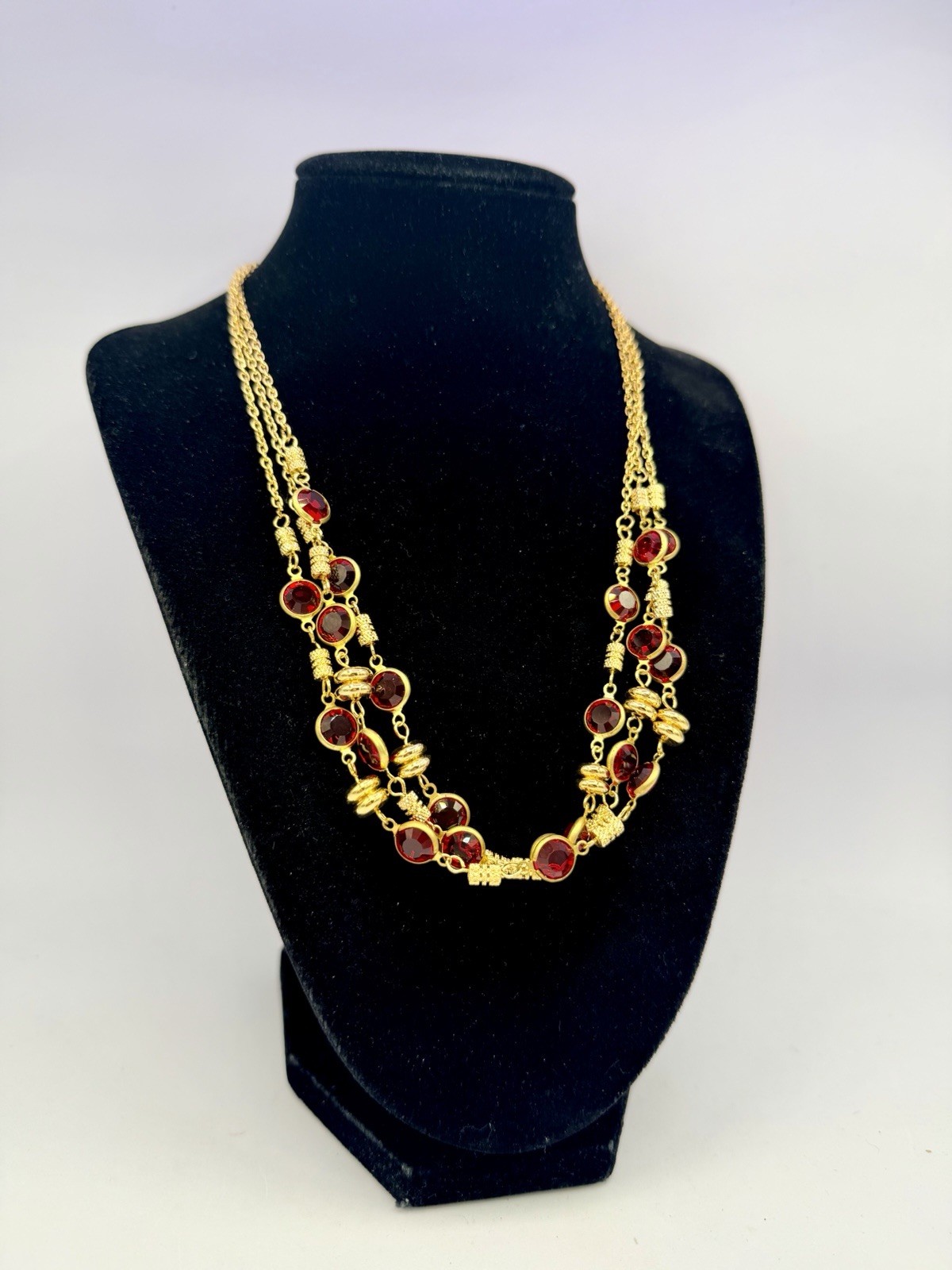1 Pc Vintage Gold NOS Made With Red Swarovski Crystal Chain Necklaces 18” KR