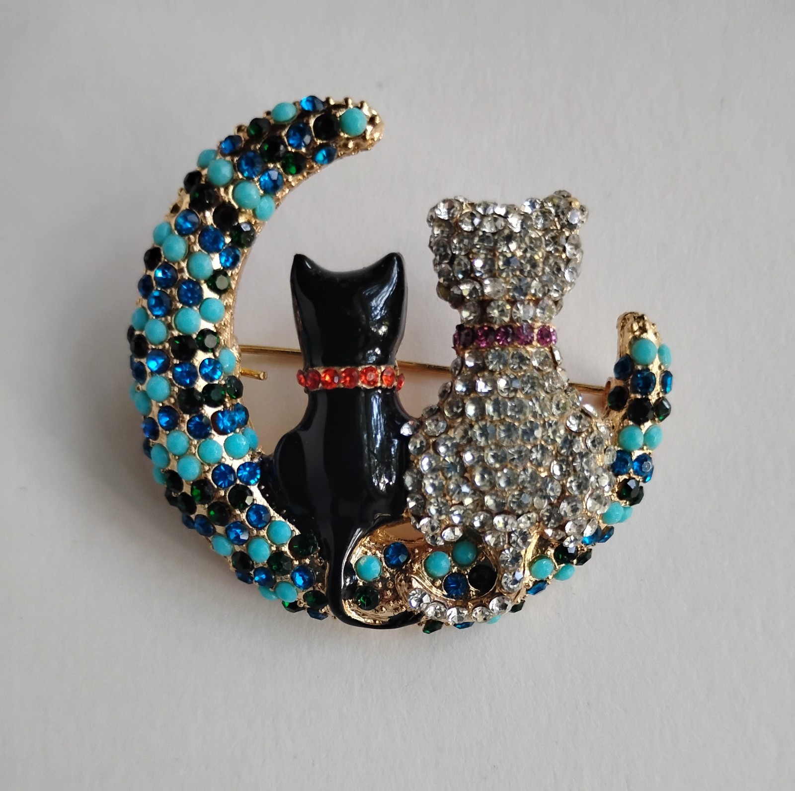 Blue Crescent Moon Pin | Black + White Cats Brooch | Rinestone Jewelry Accessory