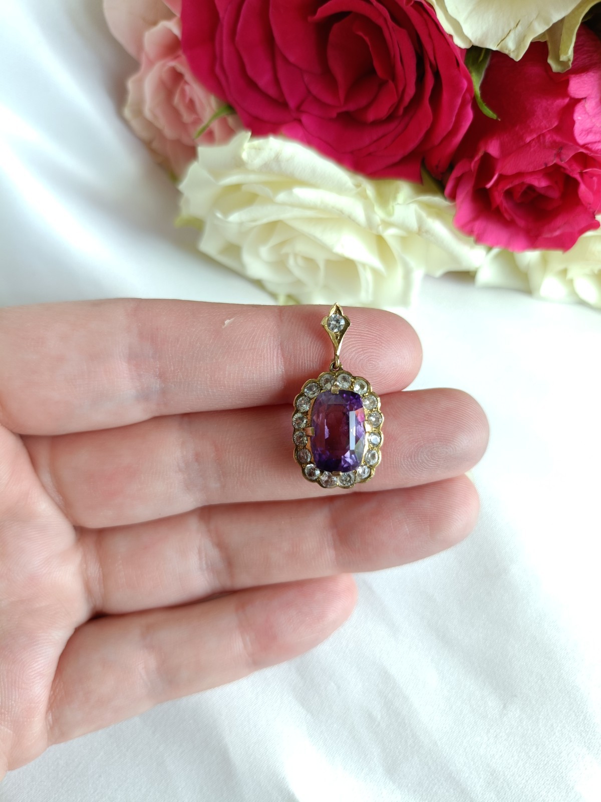 Fabulous Vintage 1930’s Art Deco 9ct Gold Amethyst & White Sapphire Pendant