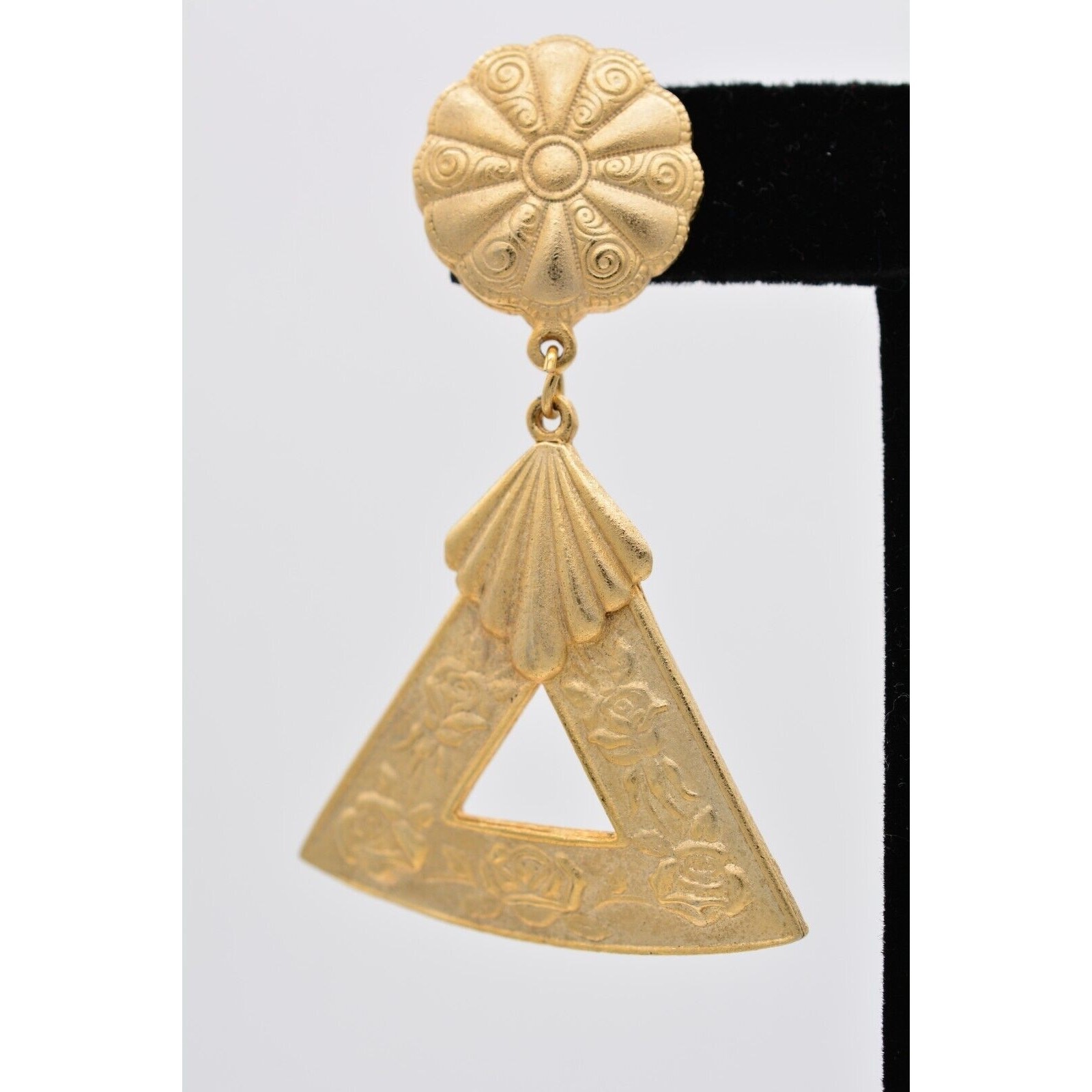 Vintage Statement Dangle Earrings Brushed Gold Floral Heavy Chunky Bold BinAZ