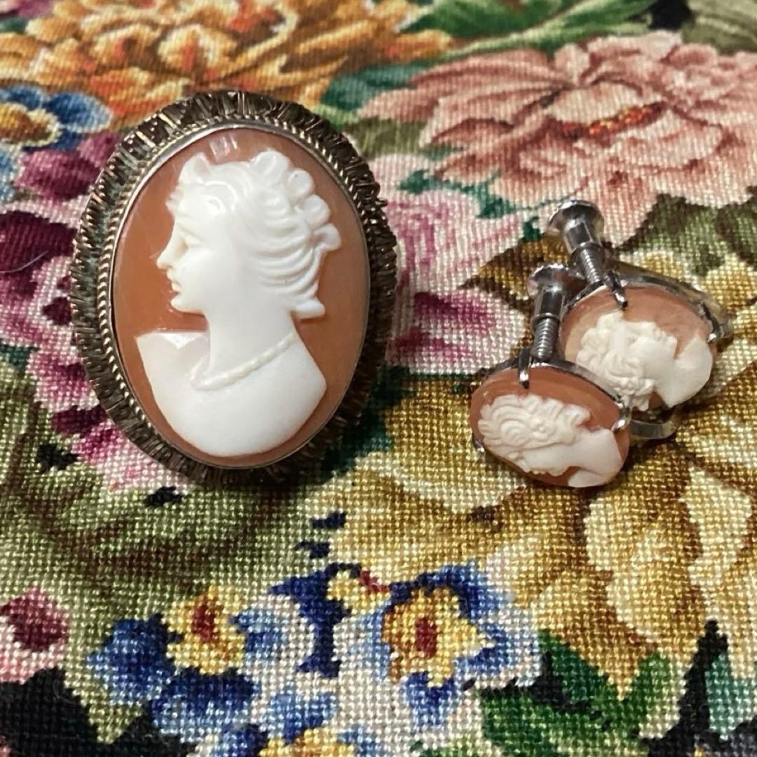Semi Antique Shell Cameo Silver Ring & Earring