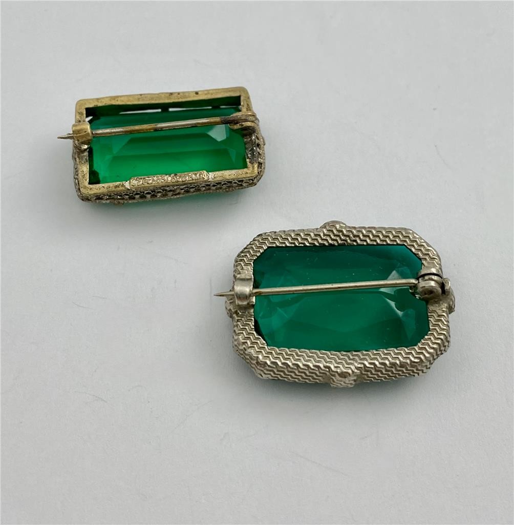 2 Vintage Czech 1930’s Art Deco Faceted Green Stones Silver Tone Brooch Pins