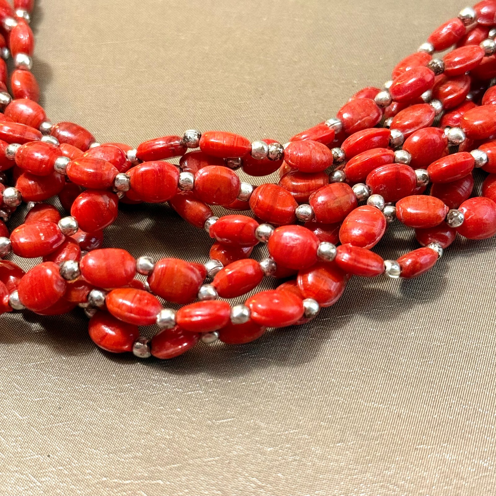 Red Glass Multi Strand Necklace Silver Tone, Boho Unused Vintage India – 18″