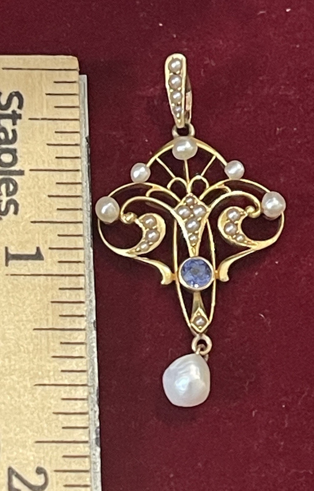 Antique Krementz 14k Gold Sapphire & Pearl Pendant C1900 Rare Find
