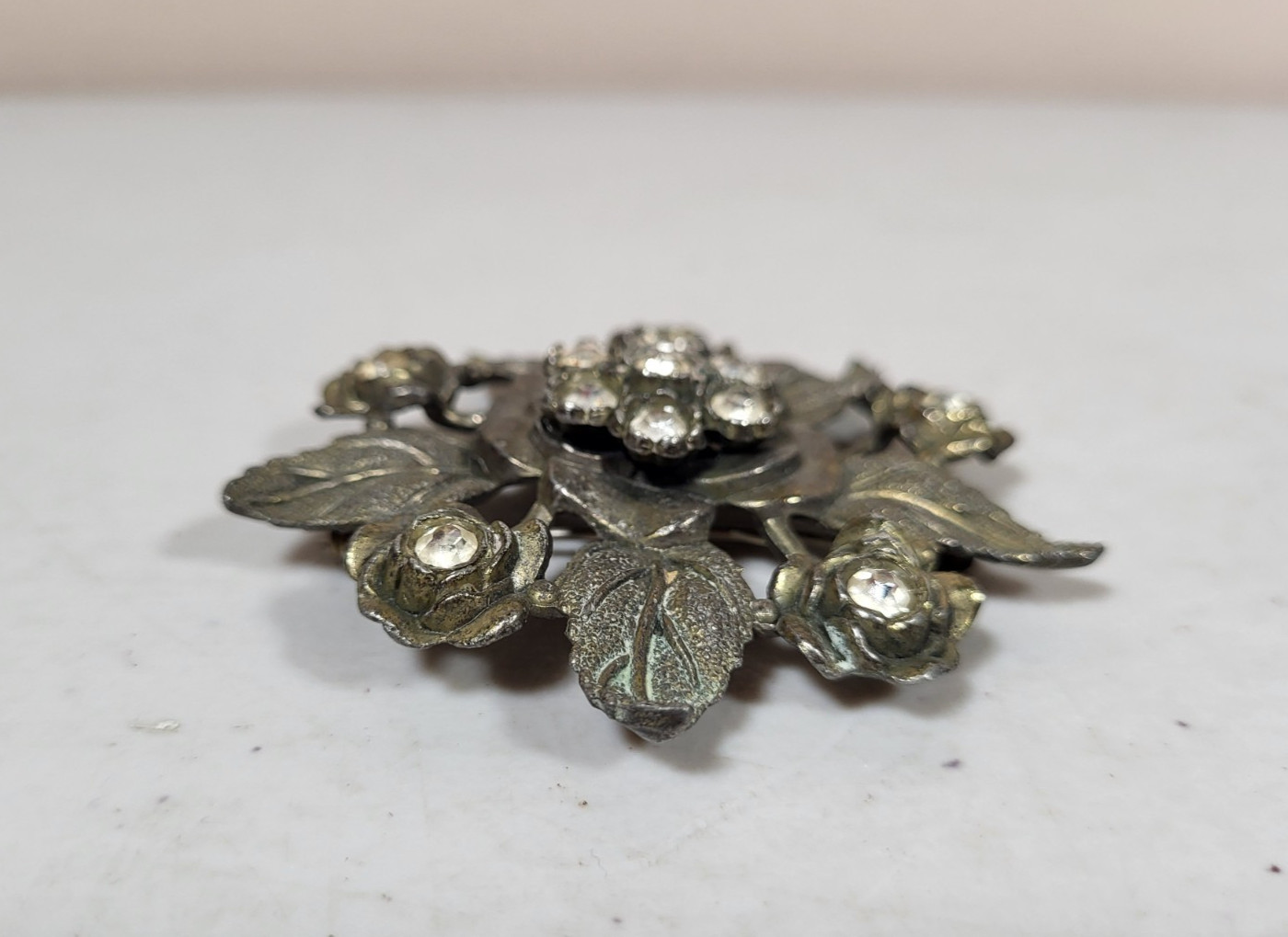 Vintage Little Nemo Floral Clear Rhinestone Brooch LN25 Silver Metallic Tone