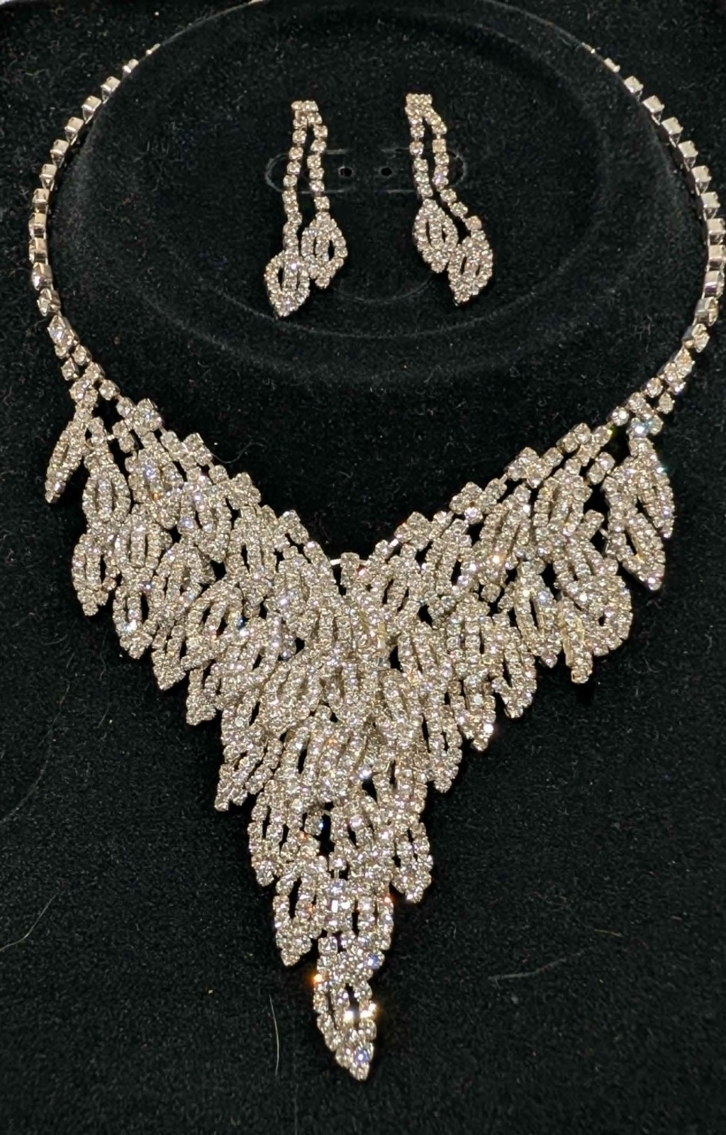 Vintage Clear Rhinestone Silver tone Necklace & Pierced Earring Set