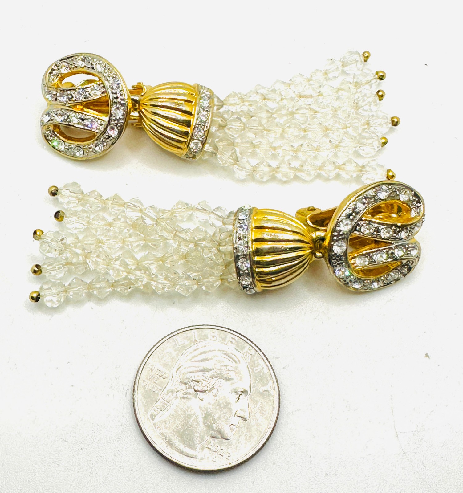 Vtg Fab 1980s Crystal Rhinestone Tassel Dangle Statement Gold Tone Earrings