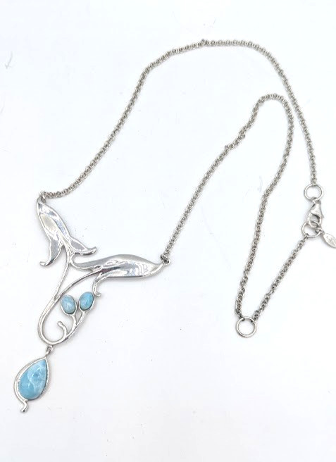 Vintage Floral Pendant Necklace Sterling Silver 925 Thailand Blue Glass