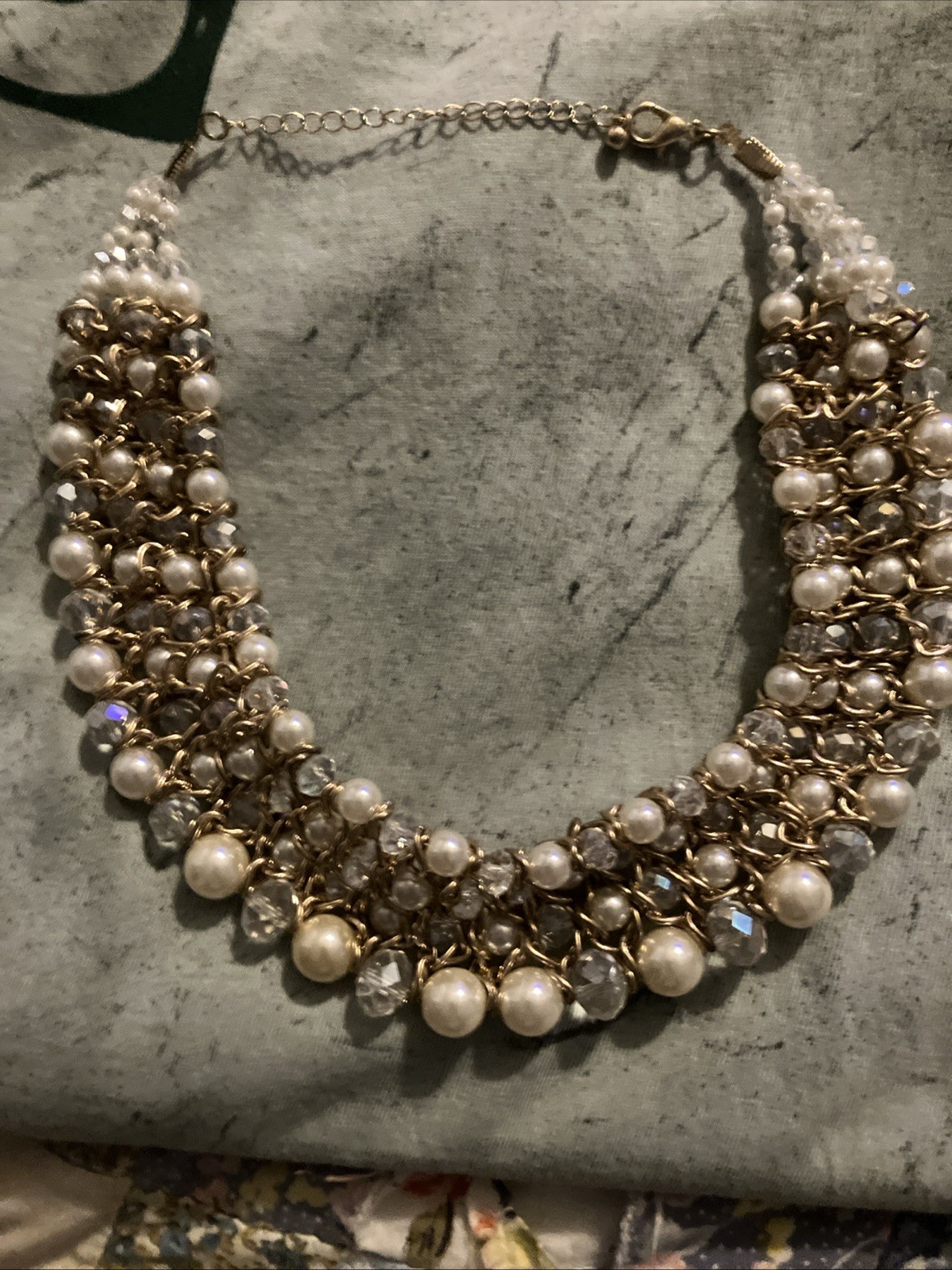 Faux Pearl Jewelry Set 4 Row Cowl Necklace Wide Cuff Bracelet Heavy Glass Beads