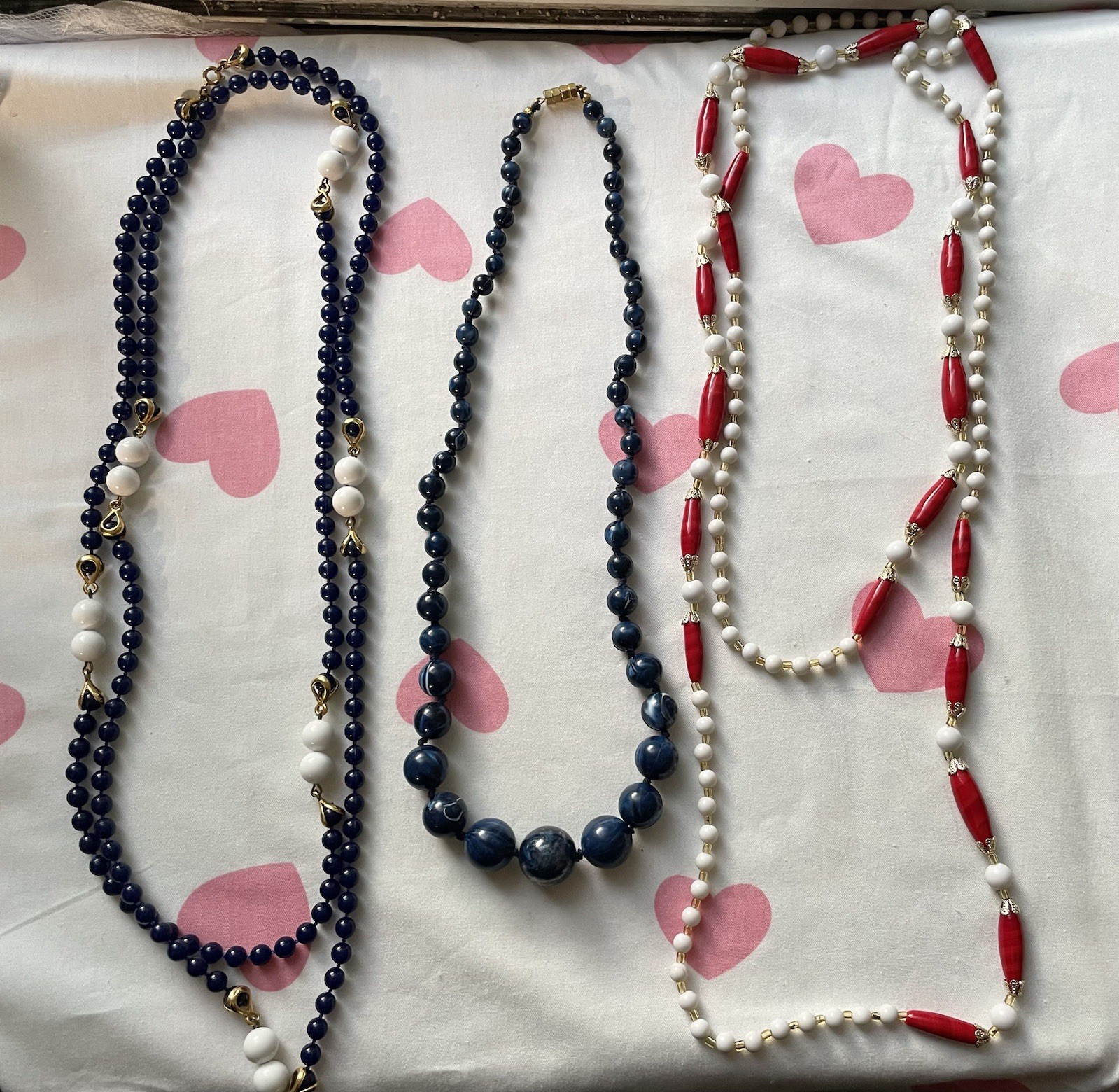 Lot Of 11 Vintage Beaded Necklaces Mixed Materials, Blue Red Black White