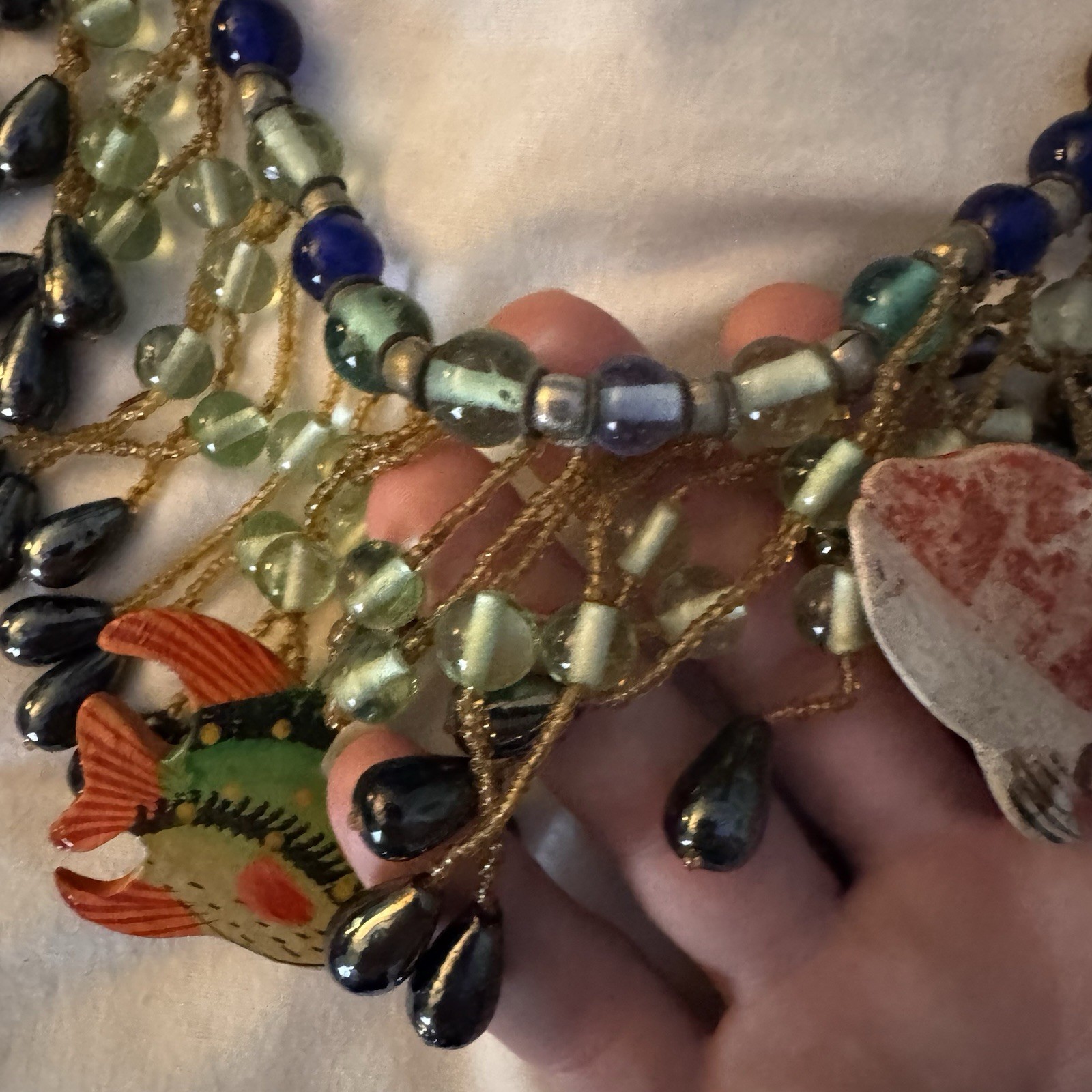 Vintage Tropical Triggerfish Necklace. Beaded, Large, Leave With Rope Tie.