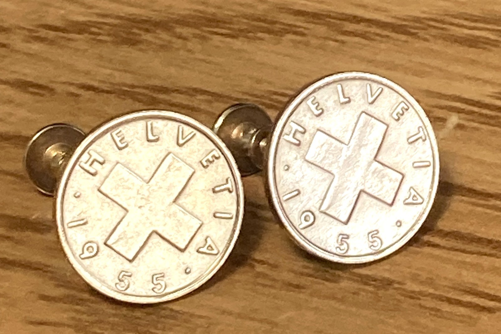 Vintage Costume Jewelry EARRINGS Switzerland Coins HELVETIA 1 Rappen 1955