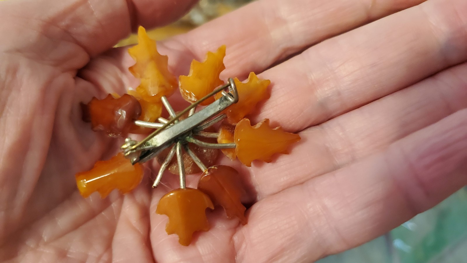 Vintage former USSR butterscotch amber brooch two missing leaves