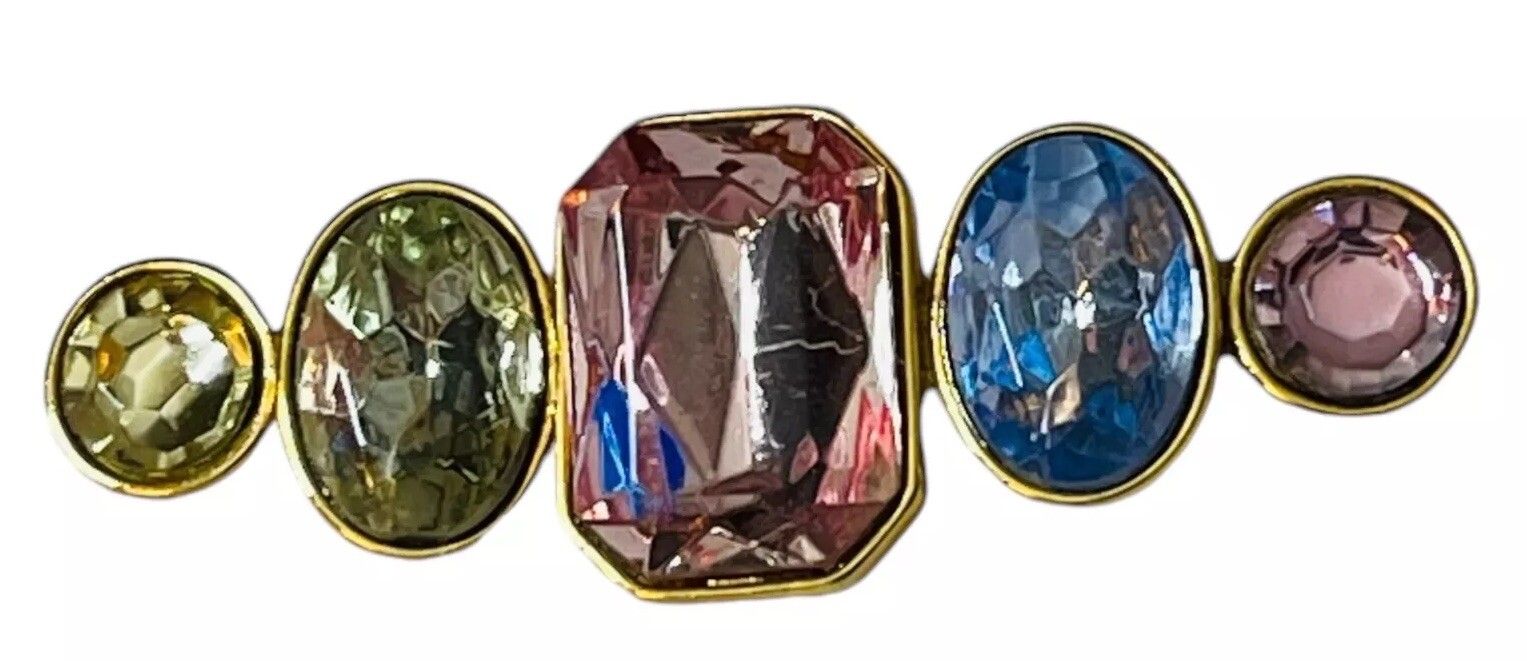VTG TAT BAR BROOCH ART GLASS HANDMADE SIGNED FACETED STONES GOLD TONE BRILLIANT