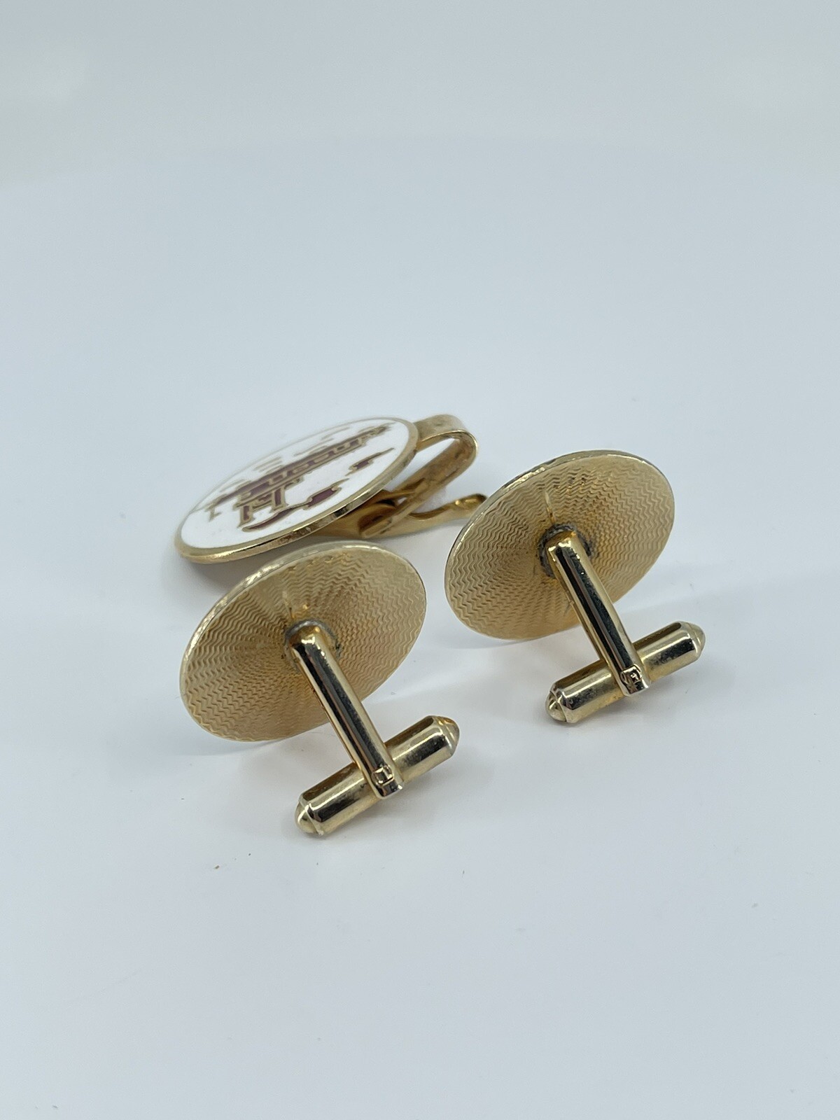 Mr Tara River boat cufflinks and tie clip set red gold white enamel 1″