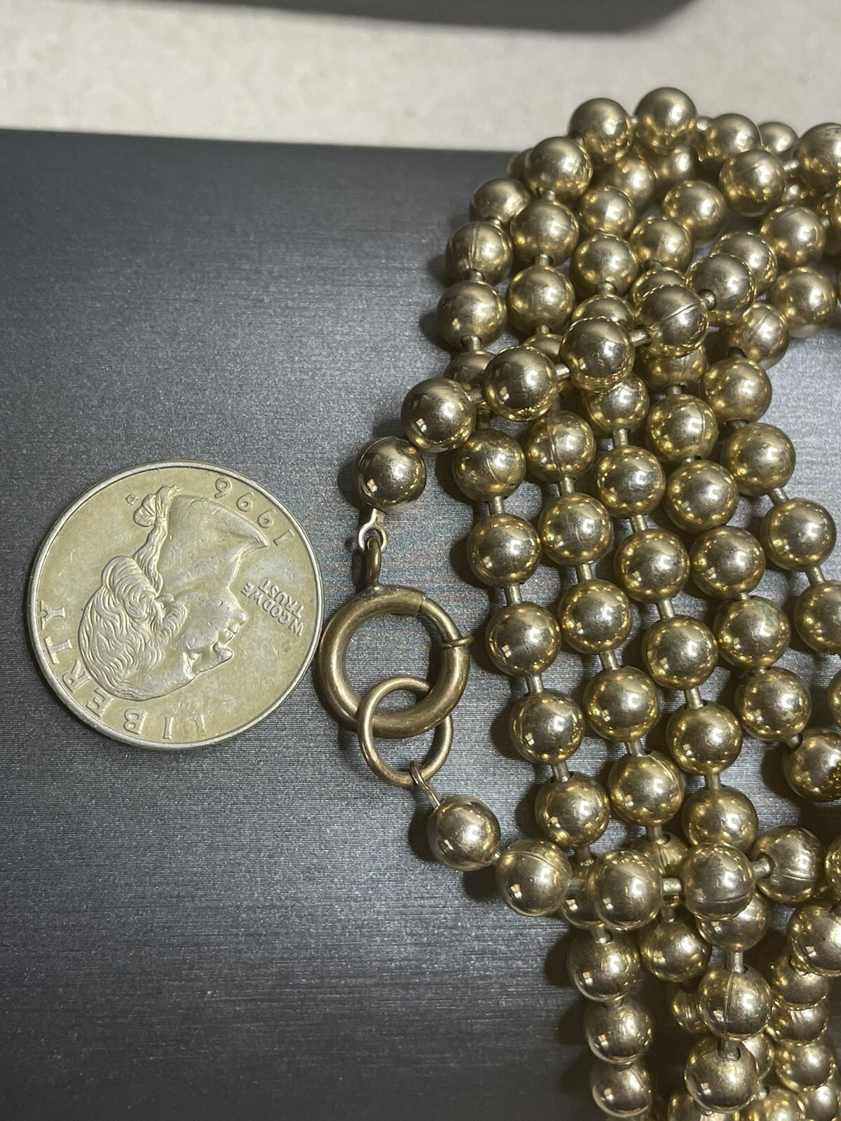 Miriam Haskell 60” Gold Tone 6.4mm Metal Bead Flapper Necklace Signature Clasp