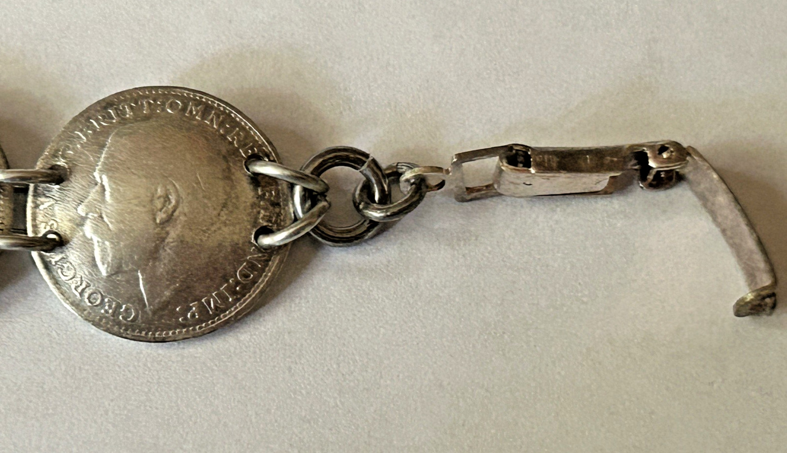 Antique British King George 3 Pence ID Bracelet Aprx 7” In Sterling Silver