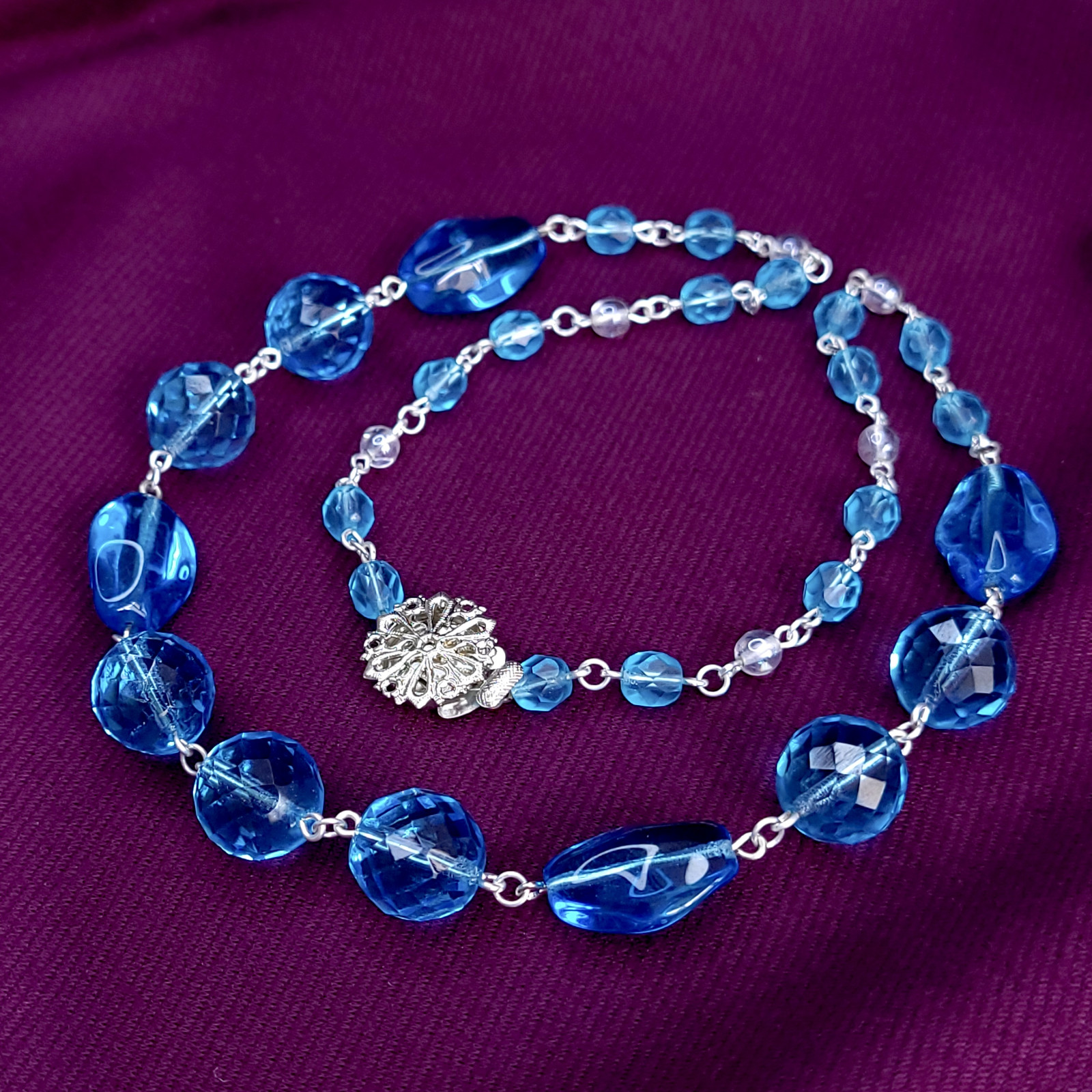 Blue Glass Necklace 20″ Vintage Glass Czech Beads Art Deco Style