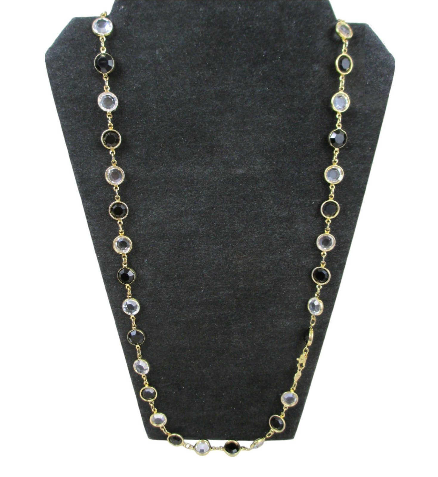Vintage Black and Clear Austrian Crystal Bezel Gold Necklace 32″ Long Faceted