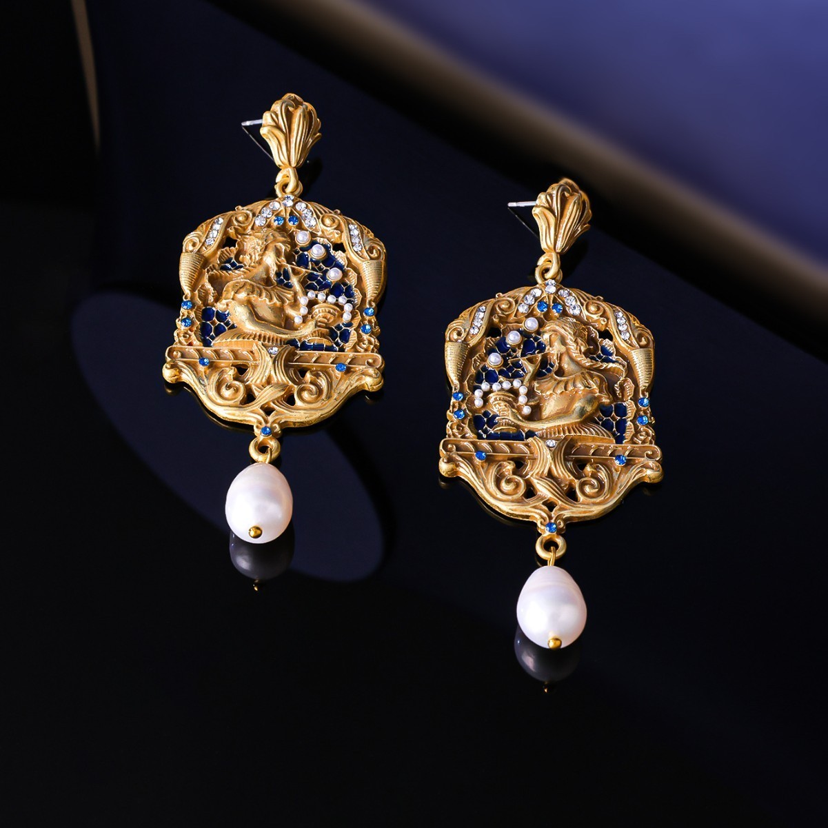 Vintage French Oil Painting Pearl Dangle Drop Earrings Court Gold Statement Gift