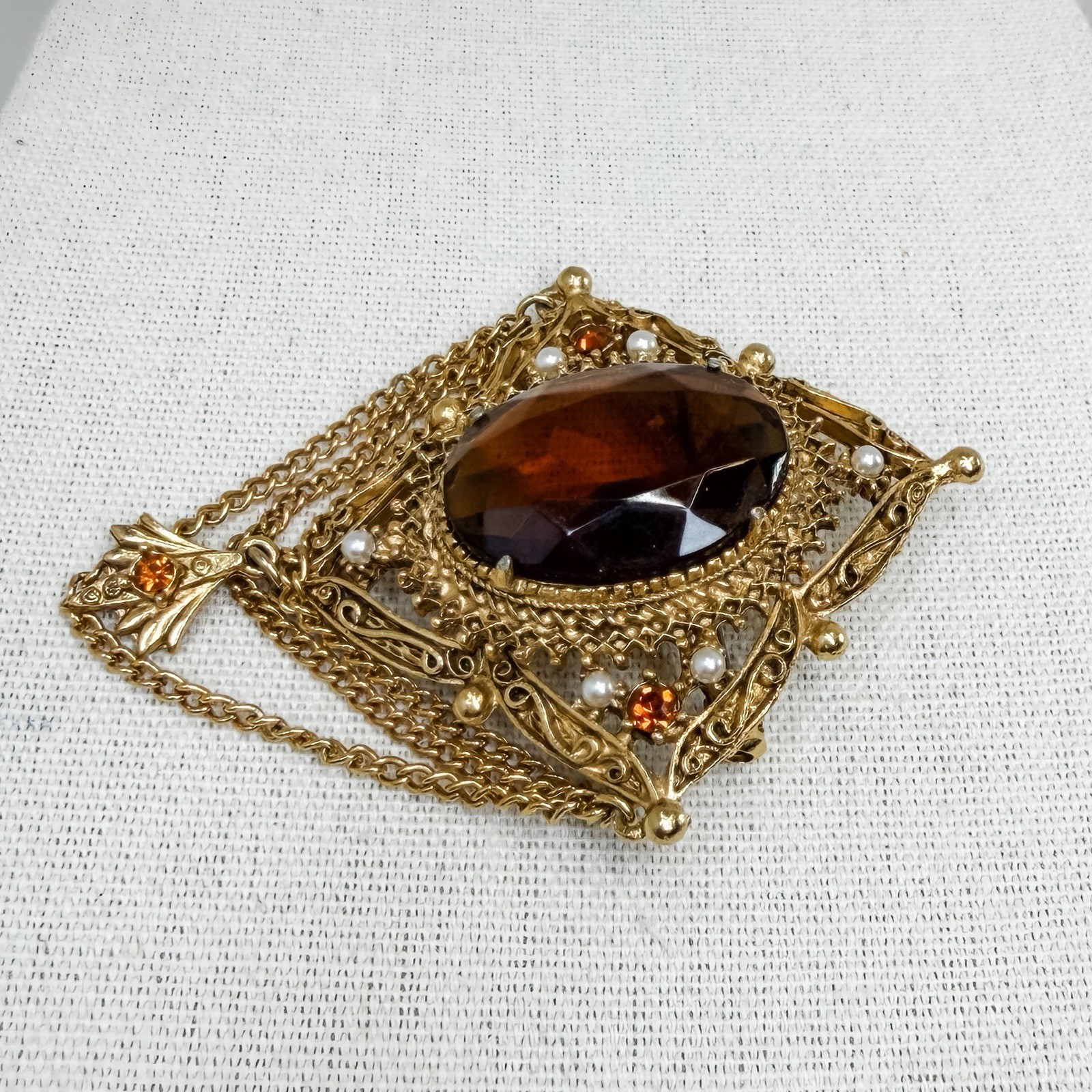 Vintage Florenza Victorian Shield Brooch & Earrings Set Gold Amber Pearl Glass