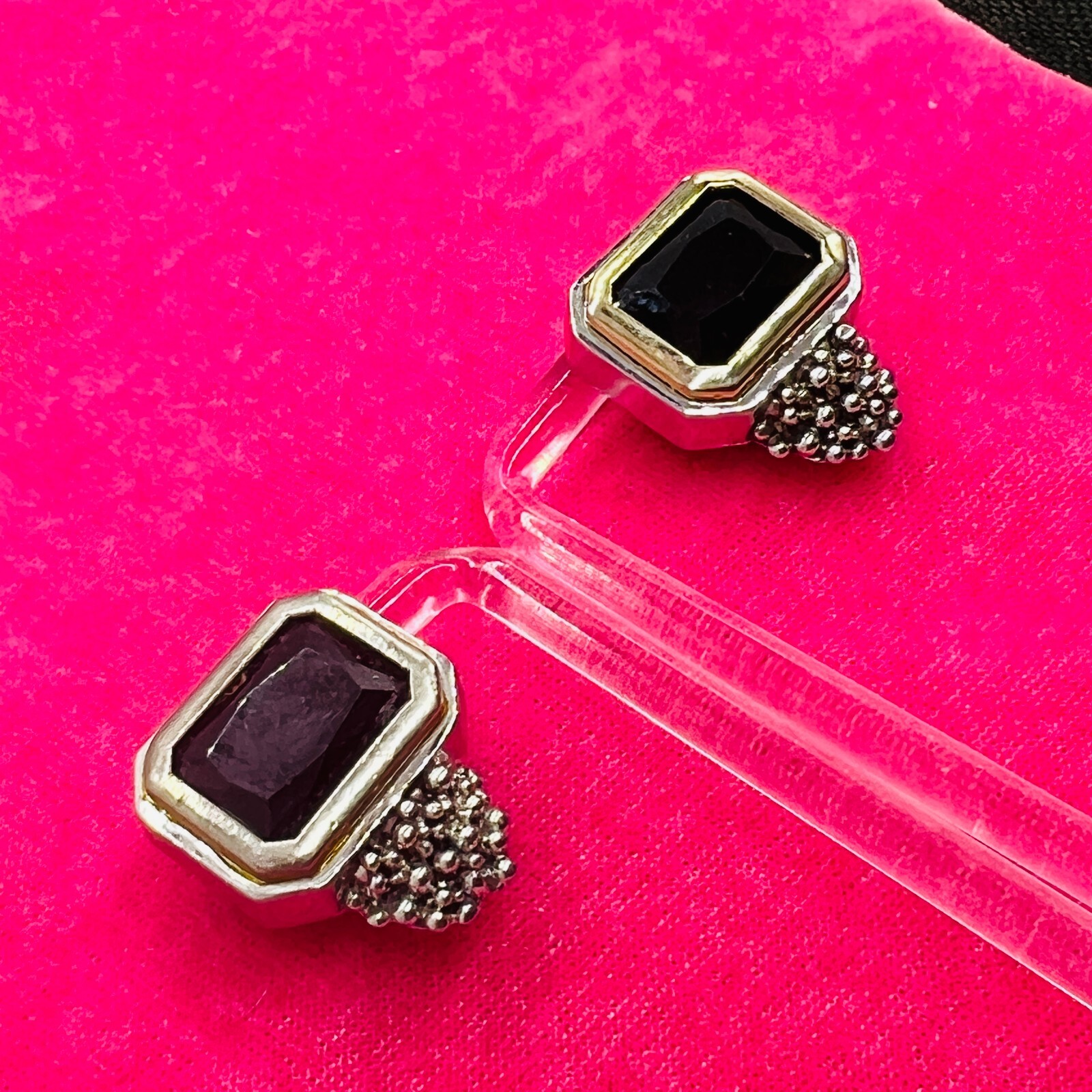 Vintage EXP Signed Silver Tone Earrings Black Stone Square Cut Grape Rectangle