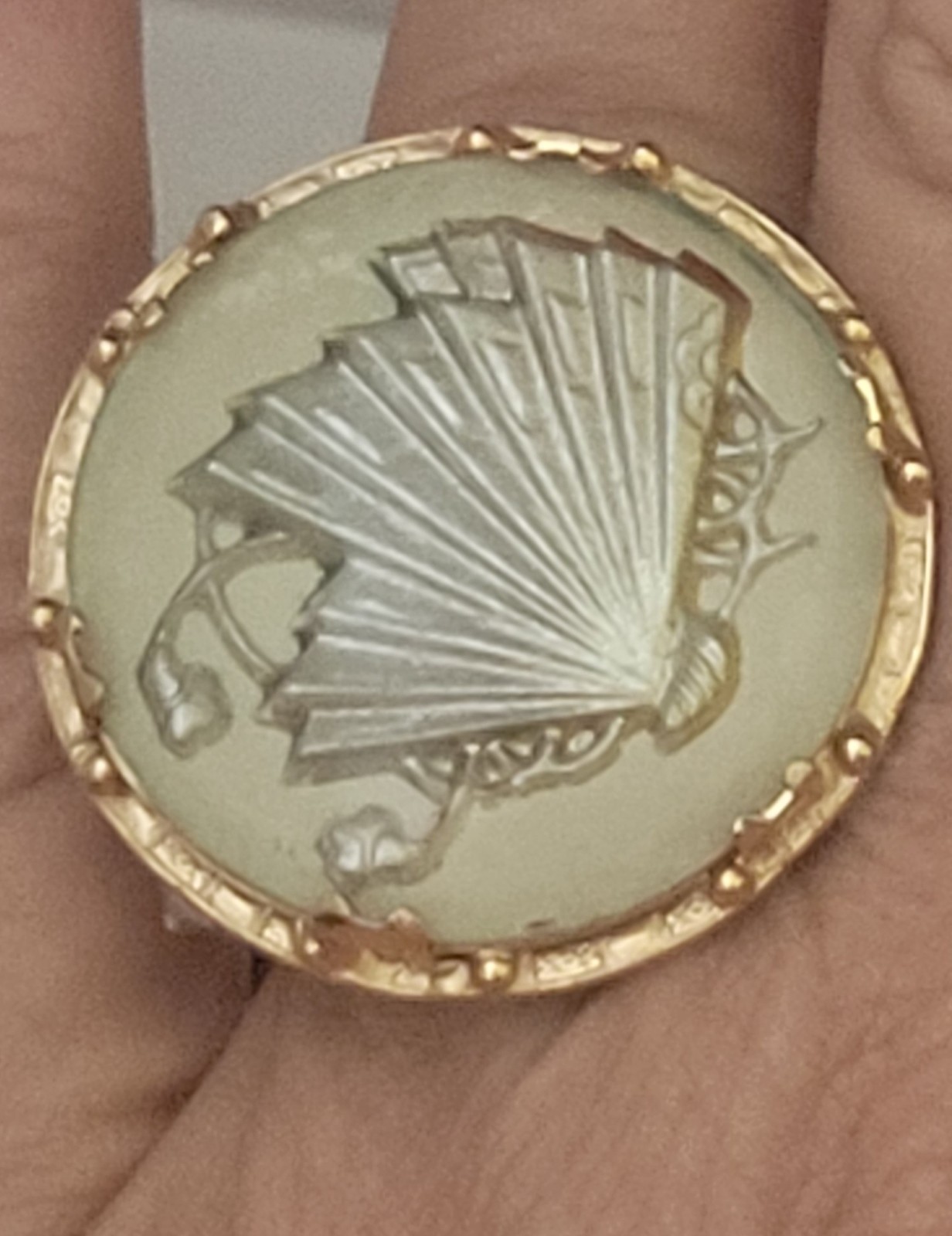 Victorian Bohemian Upcycled Carved Shell Fan Gold Tone Ring Statement Ring