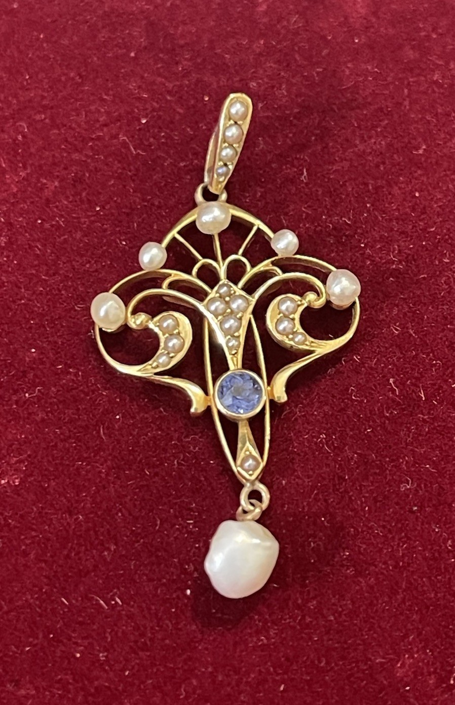 Antique Krementz 14k Gold Sapphire & Pearl Pendant C1900 Rare Find
