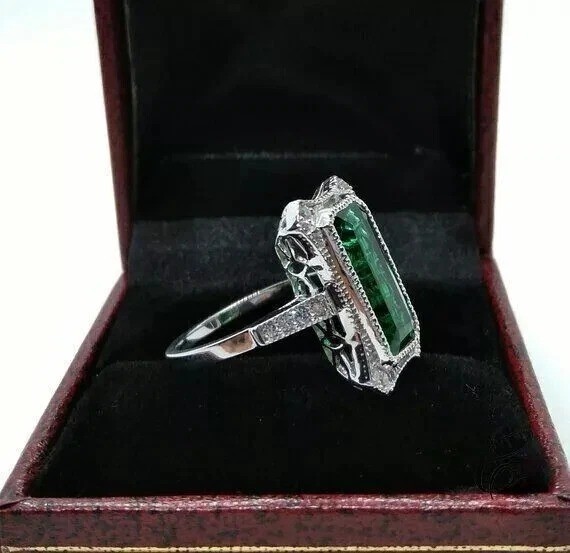 Art Deco Style Edwardian 5Ct Lab Created Emerald Wedding 14K White Gold FN Ring