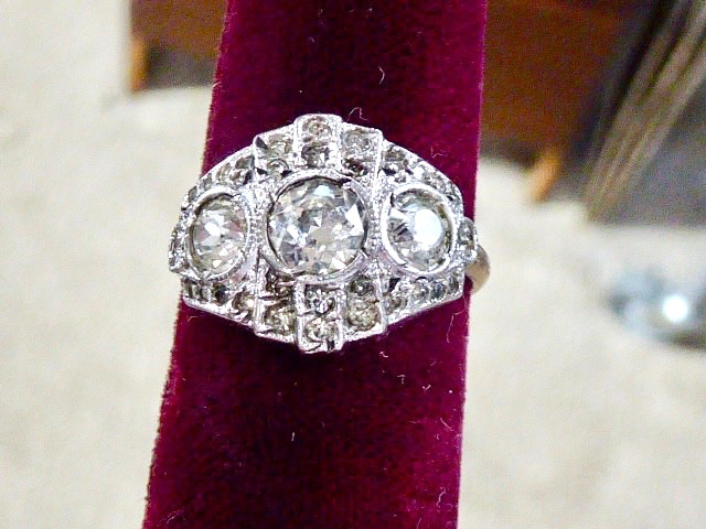 ANTIQUE EDWARDIAN 10K YG ON STERLING SILVER SIZE 6.75 CLEAR STONE RING DECO RING