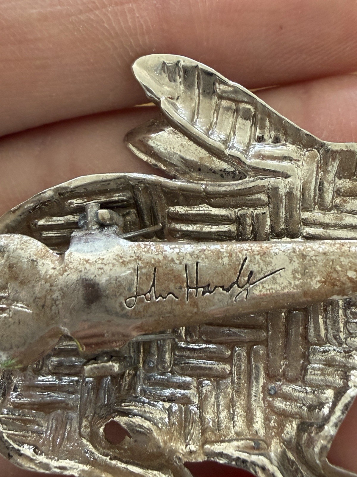 John Hardy Signed Bunny W/Butterfly On Nose Scarf Clip/Brooch Silver Tone 2”